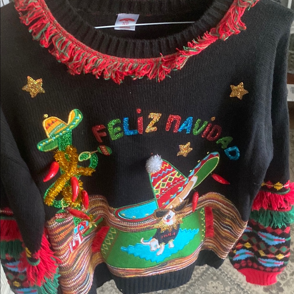 Holiday Time Black and Red Crew Neck Sweater Feliz Navidad